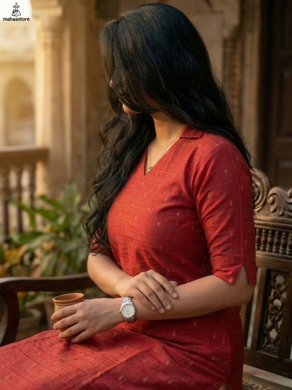 The Crimson Collared Kurti with Gold Detailing