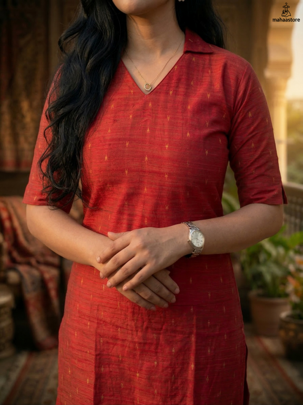 The Crimson Collared Kurti with Gold Detailing