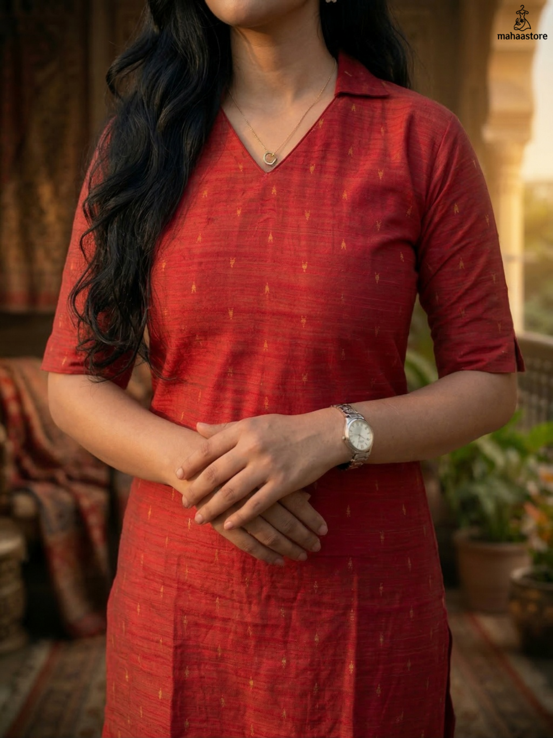 The Crimson Collared Kurti with Gold Detailing