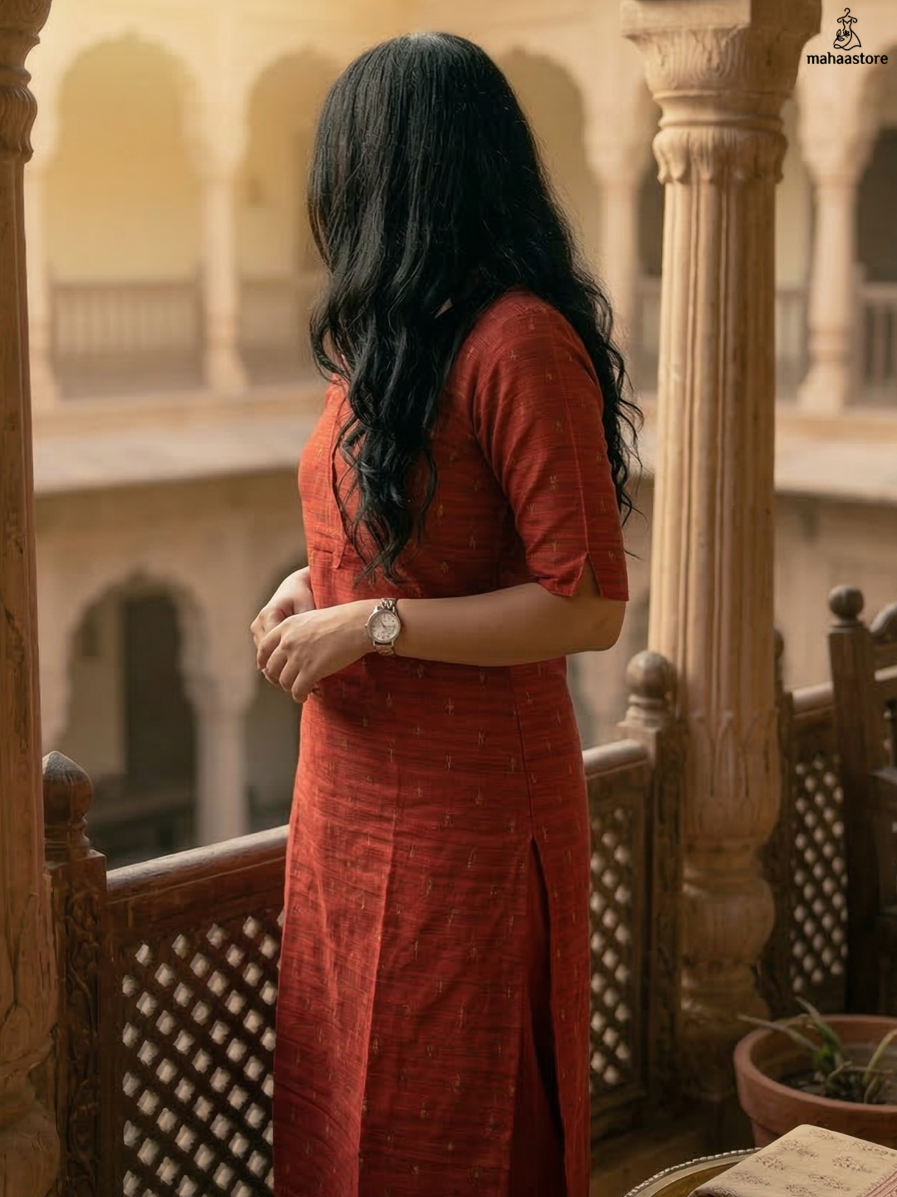 The Crimson Collared Kurti with Gold Detailing