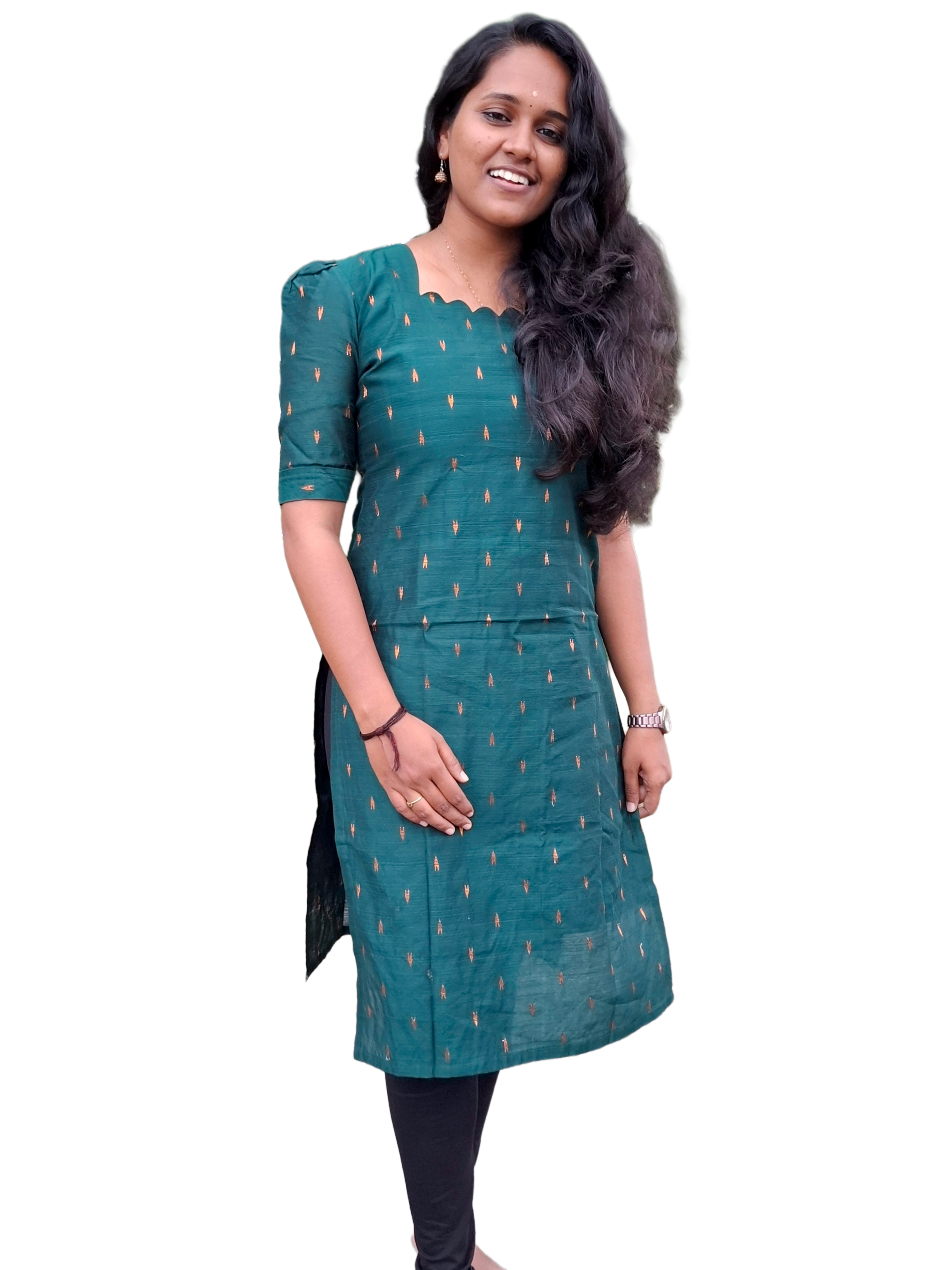 The Emerald Scallop-Neck Kurti with Gold Detailing